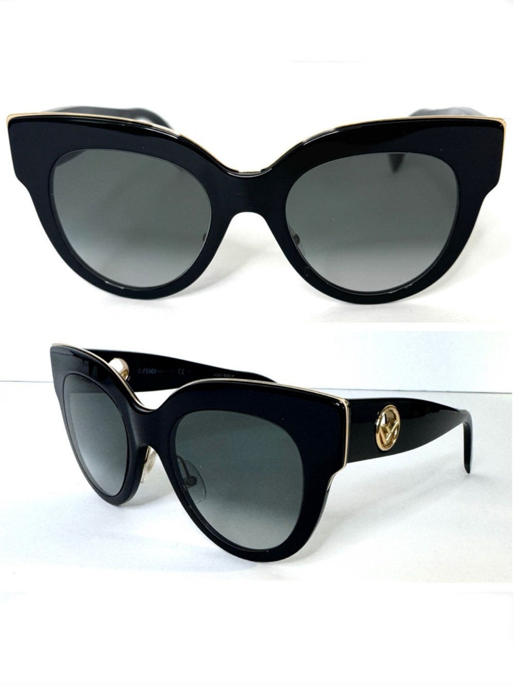 FENDI Sunglasses FF0360/G/S Oversized Cat Eye Black Gradient Gold Tone Accent
